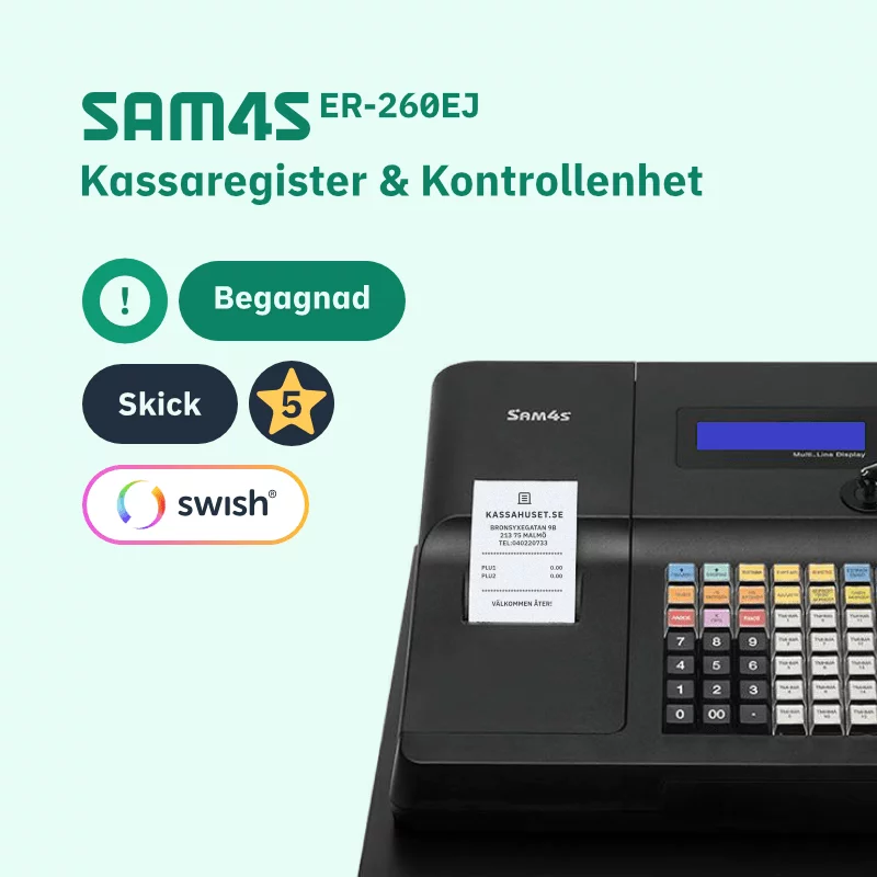SAM4S ER-260EJ Begagnad kassaregister med kontrollenhet och stöd för Swish betalning i kassan.