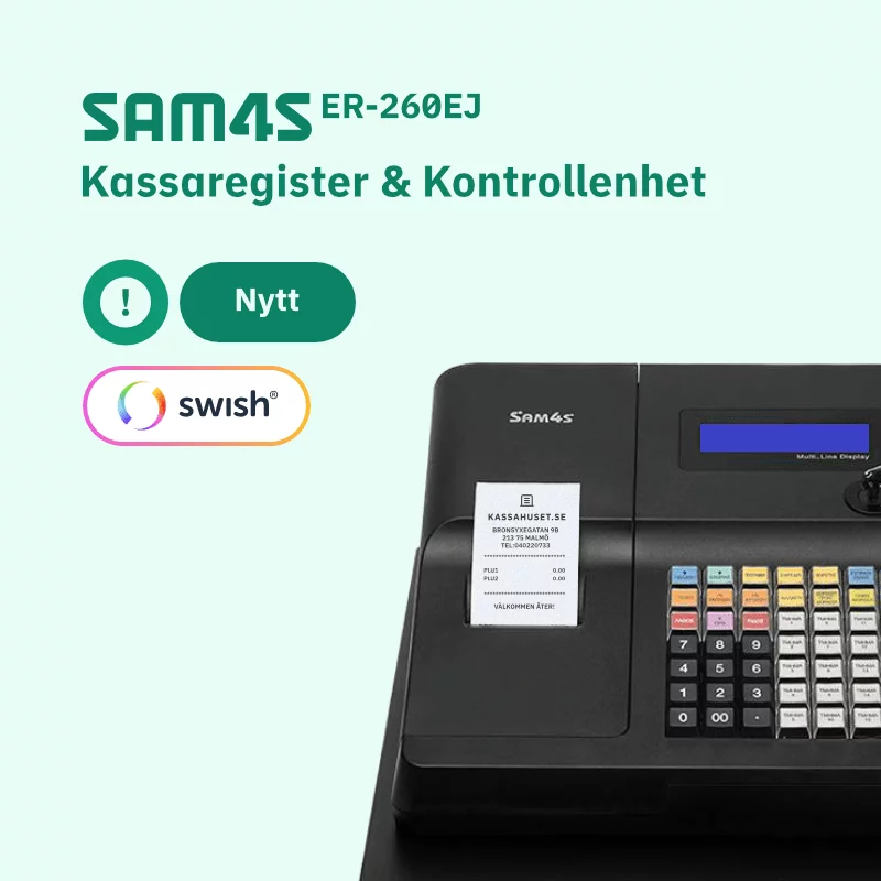 SAM4S ER-260EJ kassaregister med kontrollenhet och stöd för Swish betalning.
